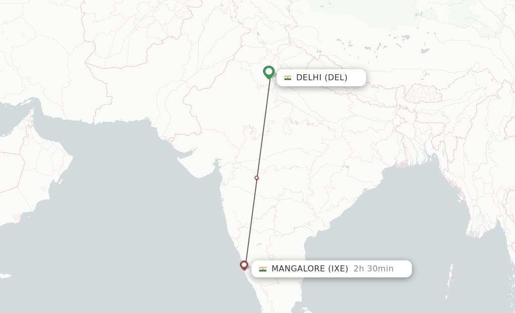 Flights from Delhi to Mangalore route map