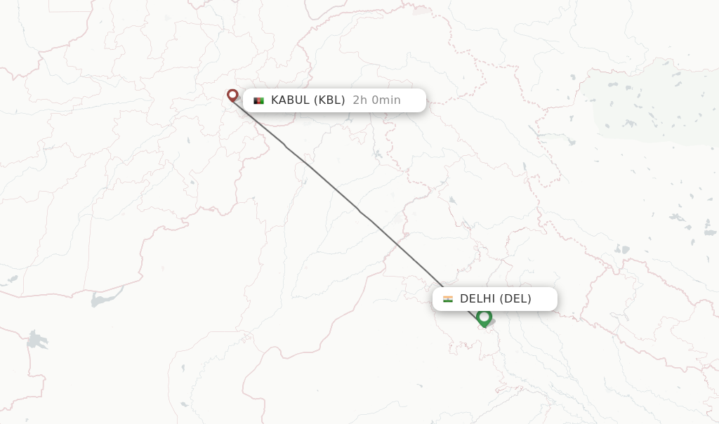 Flights from Delhi to Kabul route map