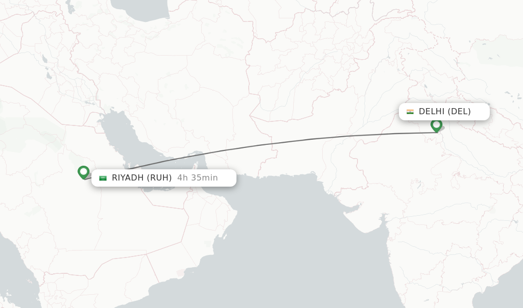 Flights from Delhi to Riyadh route map