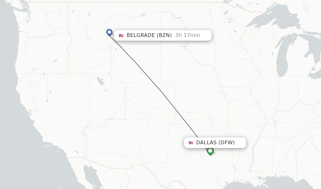 Flights from Dallas to Bozeman route map
