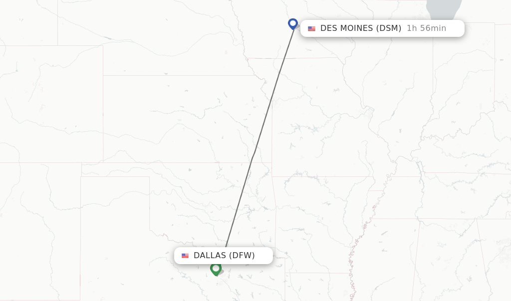 Flights from Dallas to Des Moines route map