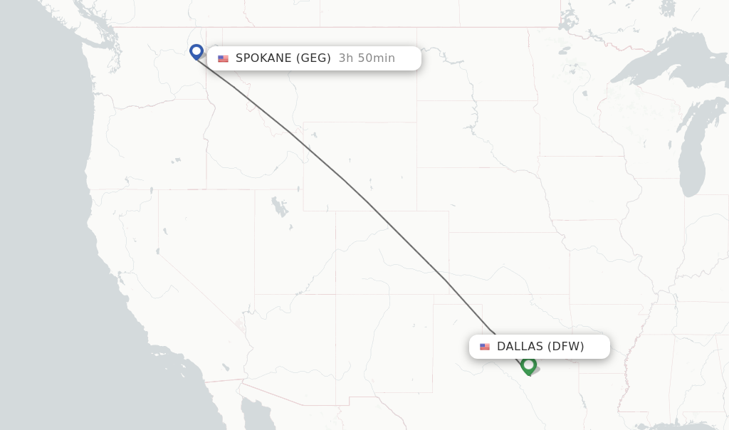 Flights from Dallas to Spokane route map