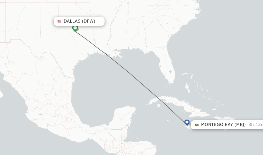Flights from Dallas to Montego Bay route map