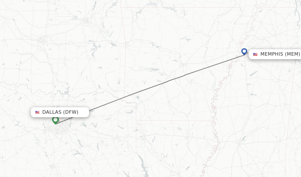 Flights from Dallas to Memphis route map