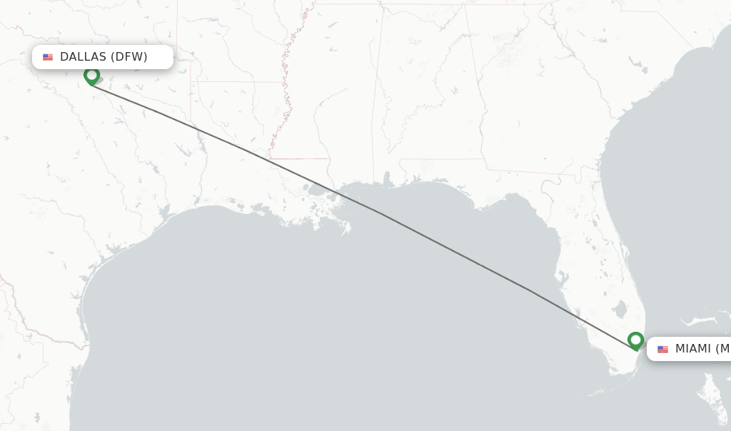 Flights from Dallas to Miami route map
