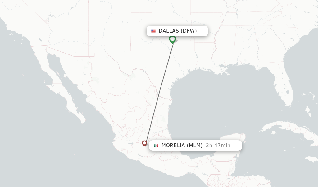 Flights from Dallas to Morelia route map