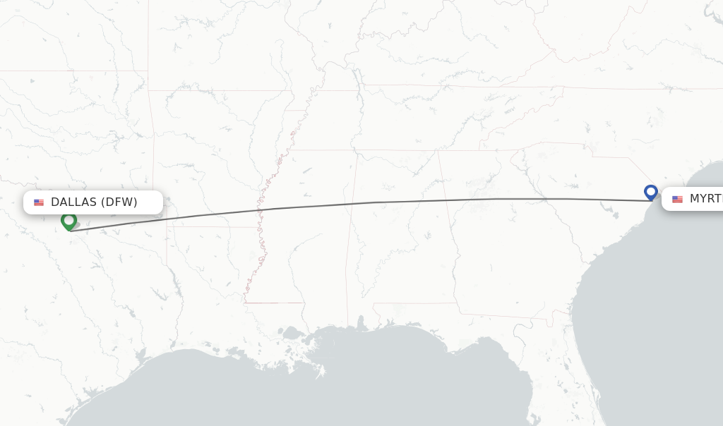 Flights from Dallas to Myrtle Beach route map