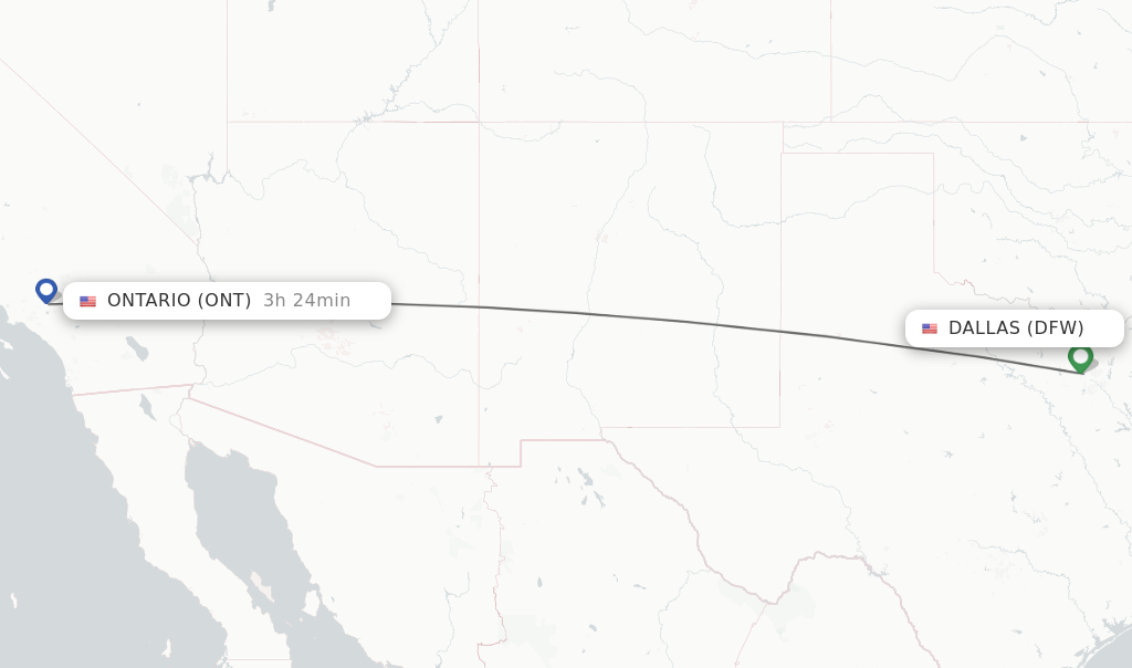 Flights from Dallas to Ontario route map