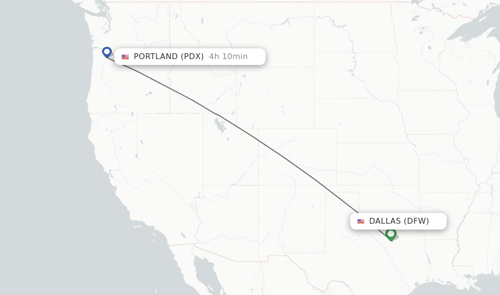 Flights from Dallas to Portland route map