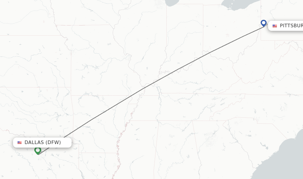 Flights from Dallas to Pittsburgh route map