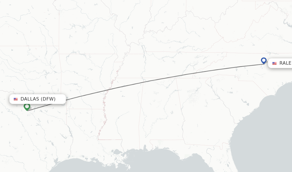 Flights from Dallas to Raleigh/Durham route map