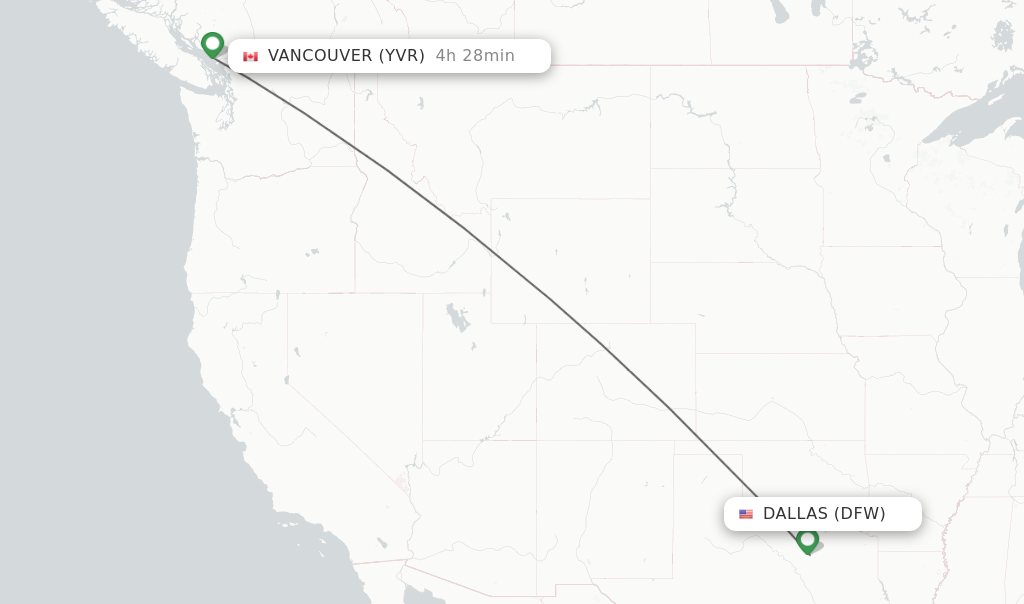 Flights from Dallas to Vancouver route map