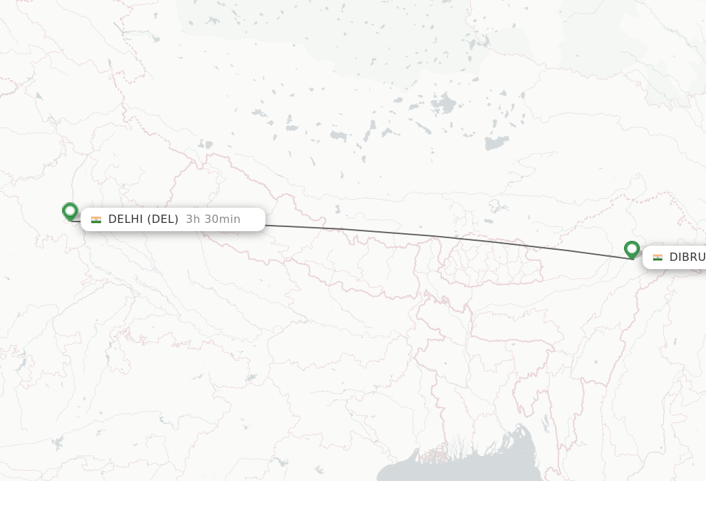 Flights from Dibrugarh to Delhi route map