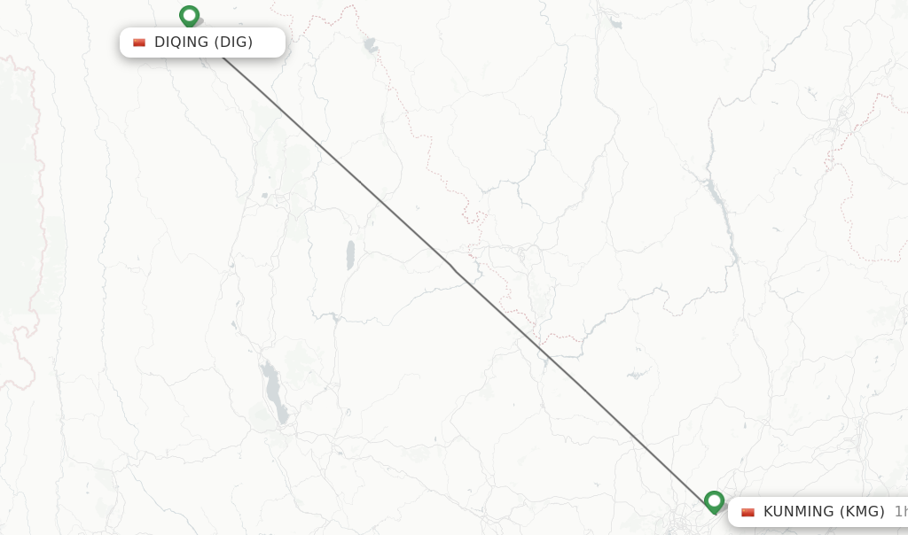 Flights from Diqing to Kunming route map