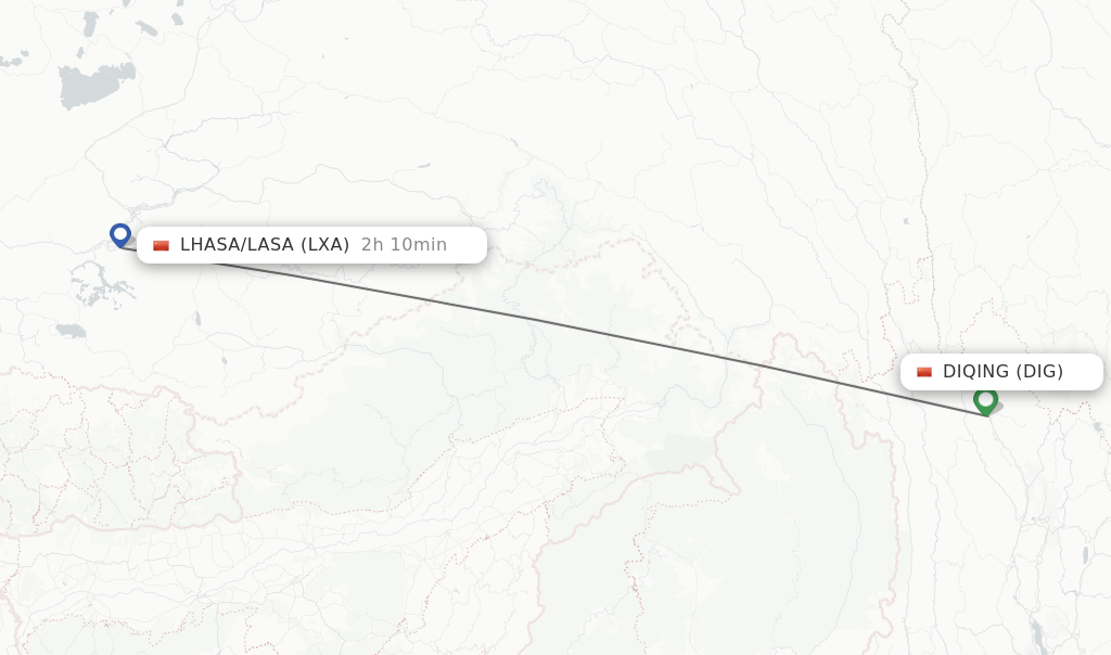 Flights from Diqing to Lhasa/Lasa route map