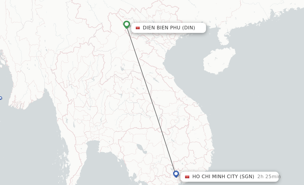 Flights from Dien Bien Phu to Ho Chi Minh City route map
