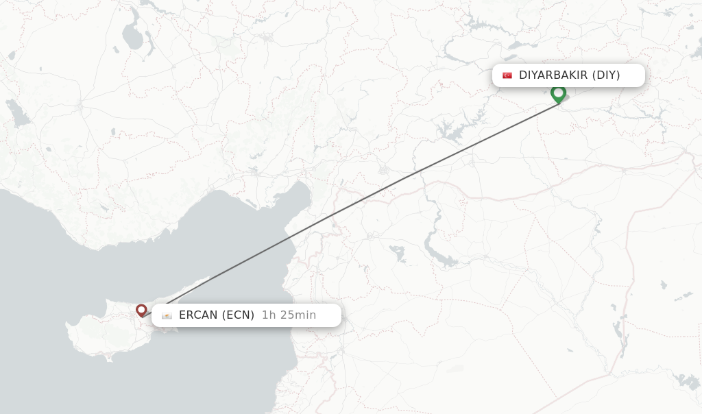 Flights from Diyarbakir to Ercan route map