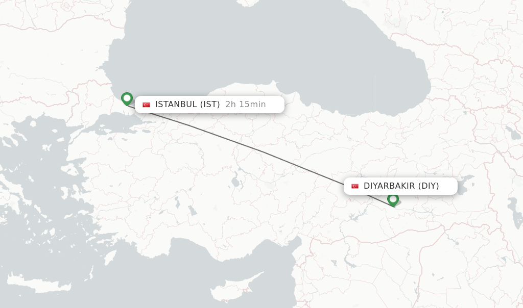 Flights from Diyarbakir to Istanbul route map