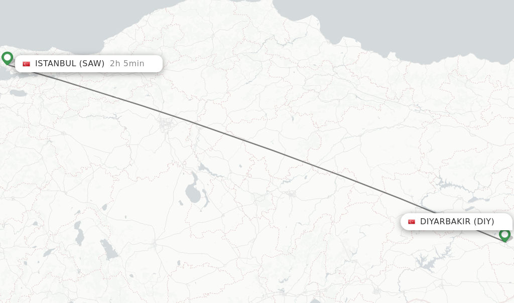 Flights from Diyarbakir to Istanbul route map