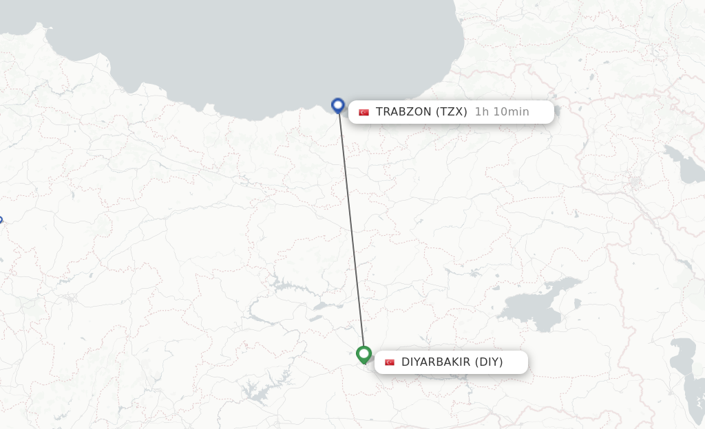 Flights from Diyarbakir to Trabzon route map
