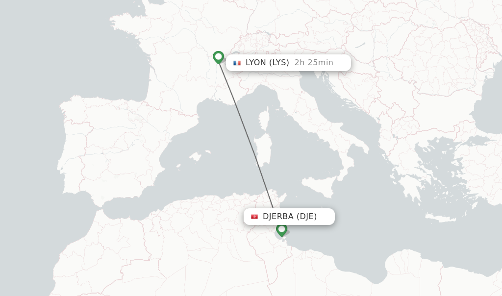 Flights from Djerba to Lyon route map
