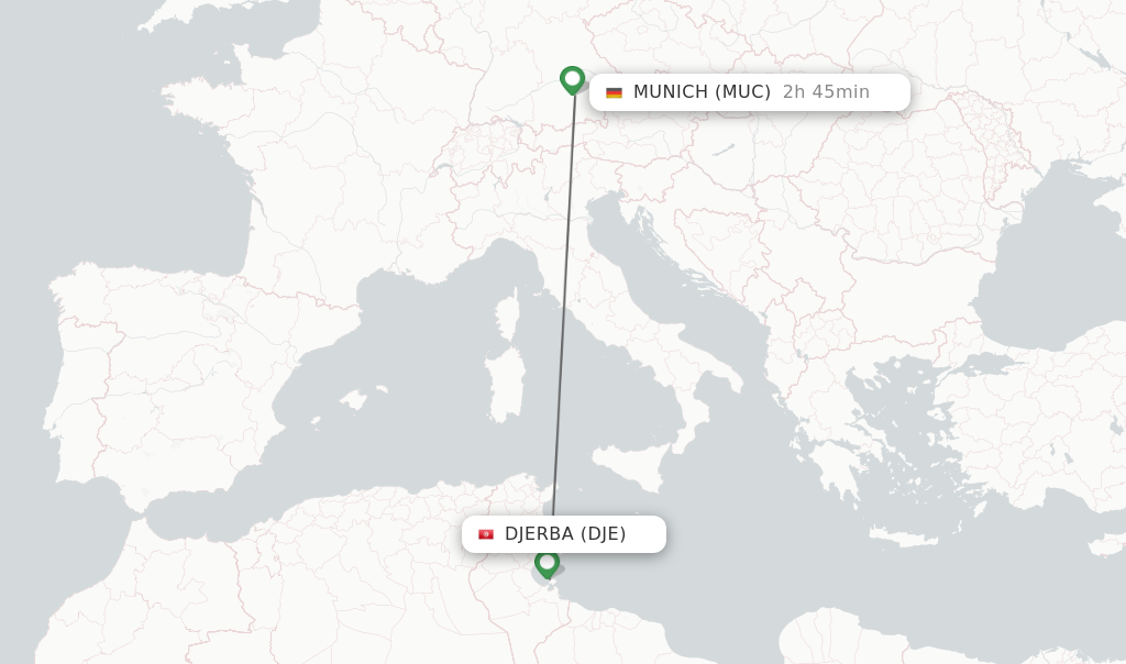 Flights from Djerba to Munich route map