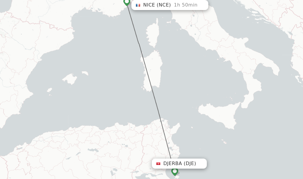 Flights from Djerba to Nice route map