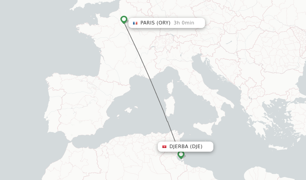 Flights from Djerba to Paris route map