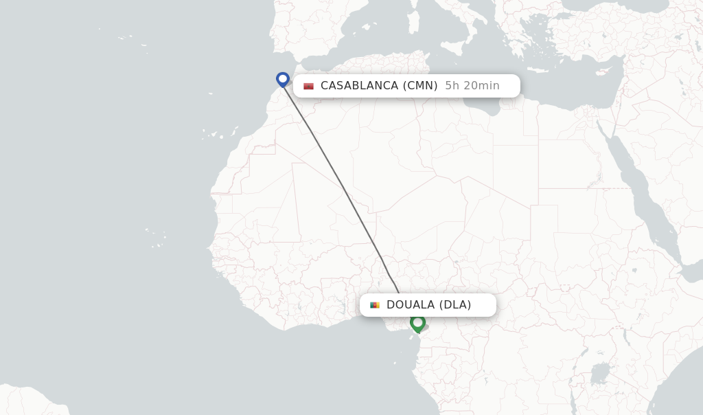 Flights from Douala to Casablanca route map