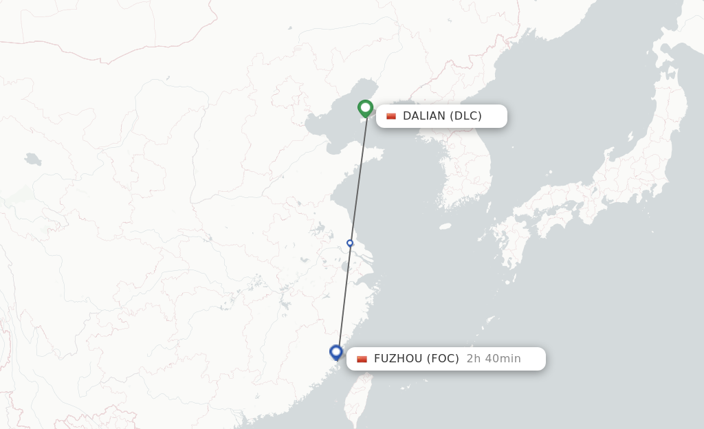 Flights from Dalian to Fuzhou route map