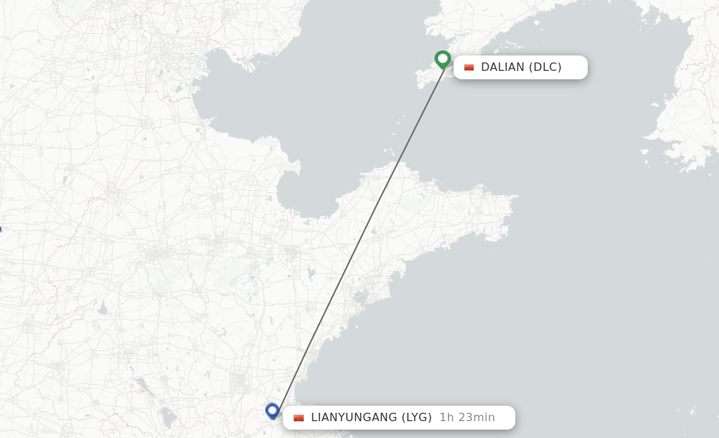 Flights from Dalian to Lianyungang route map