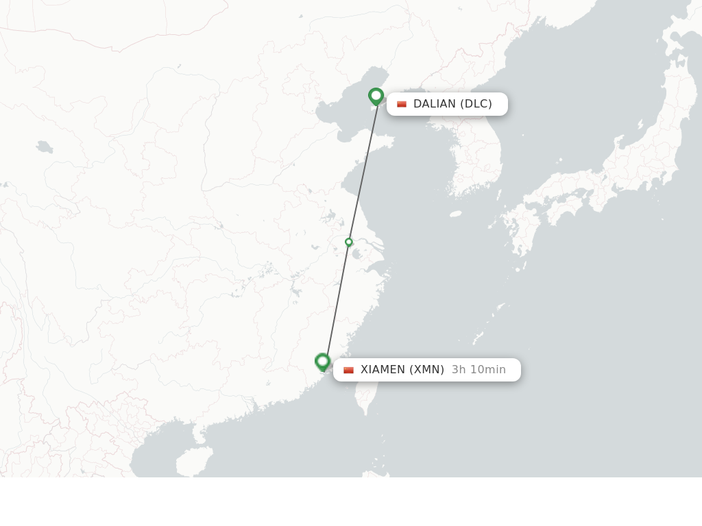 Flights from Dalian to Xiamen route map