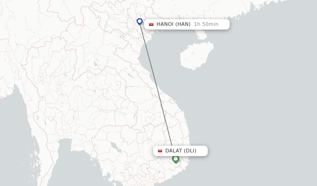 Flights from Dalat to Hanoi route map
