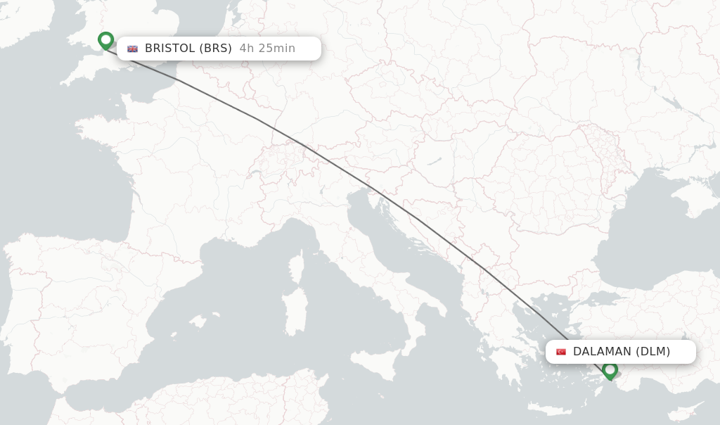 Flights from Dalaman to Bristol route map