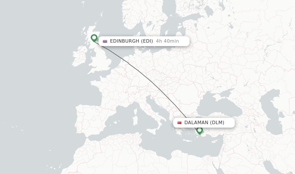 Flights from Dalaman to Edinburgh route map