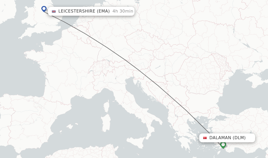 Flights from Dalaman to Leicestershire route map