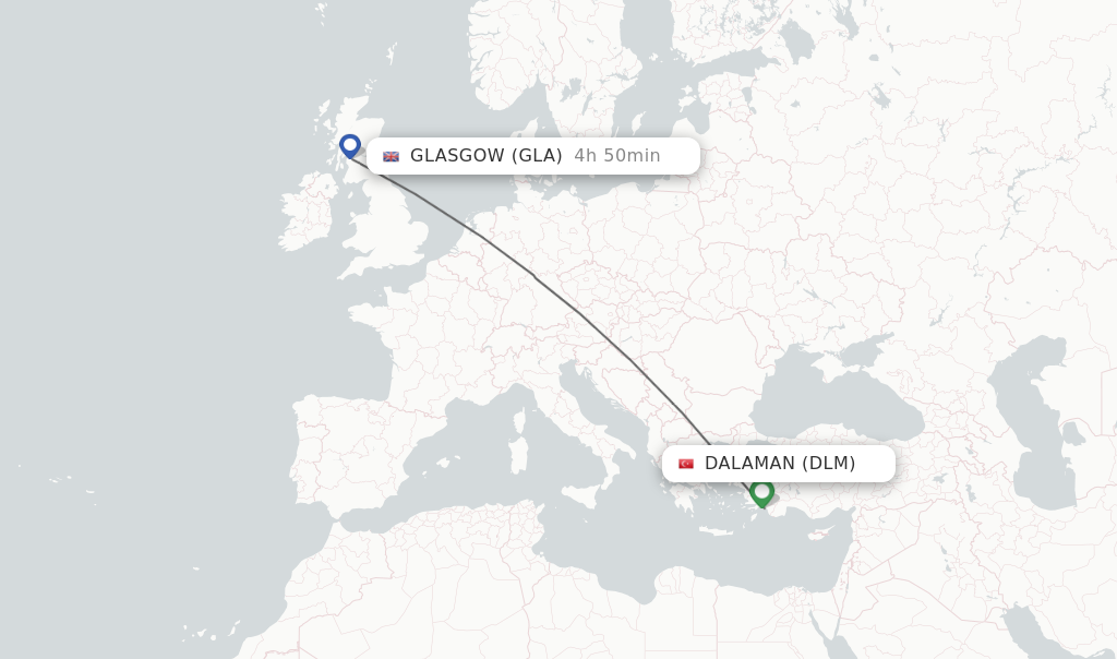 Flights from Dalaman to Glasgow route map