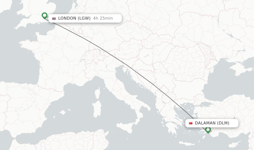 Flights from Dalaman to London route map