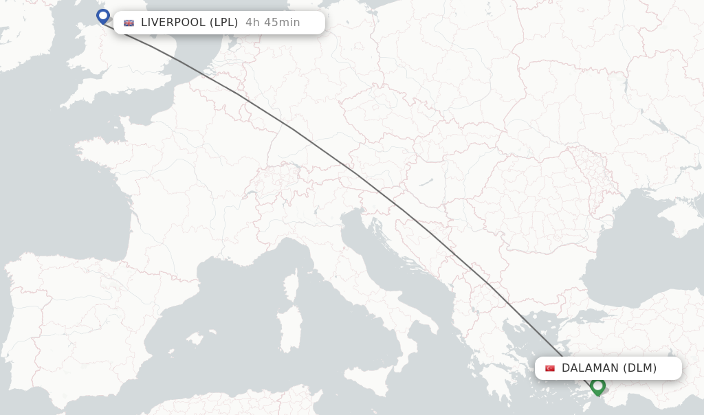 Flights from Dalaman to Liverpool route map