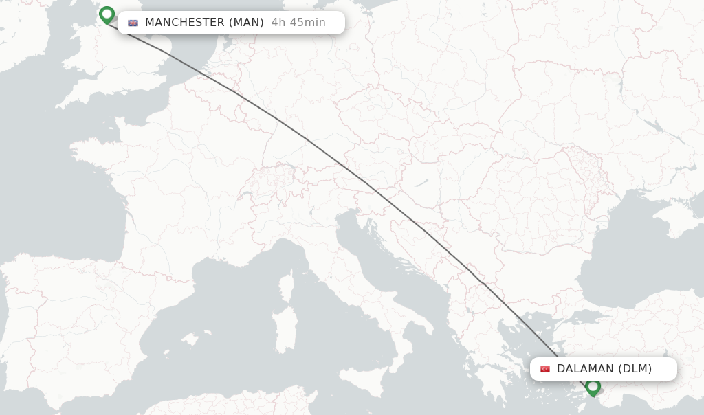 Flights from Dalaman to Manchester route map