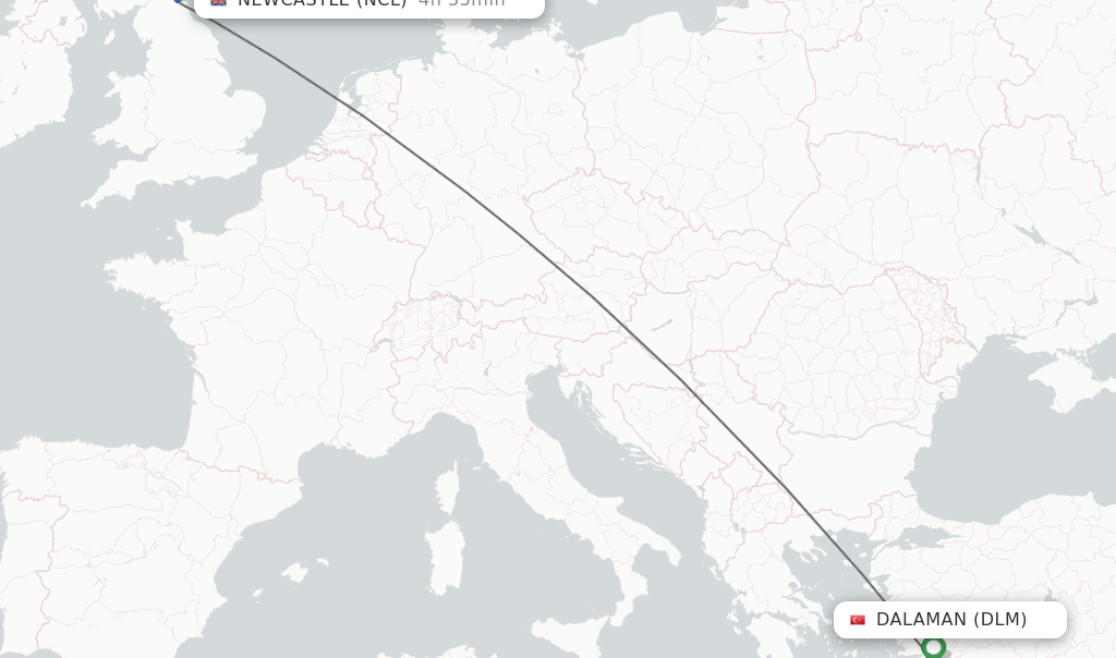 Flights from Dalaman to Newcastle route map