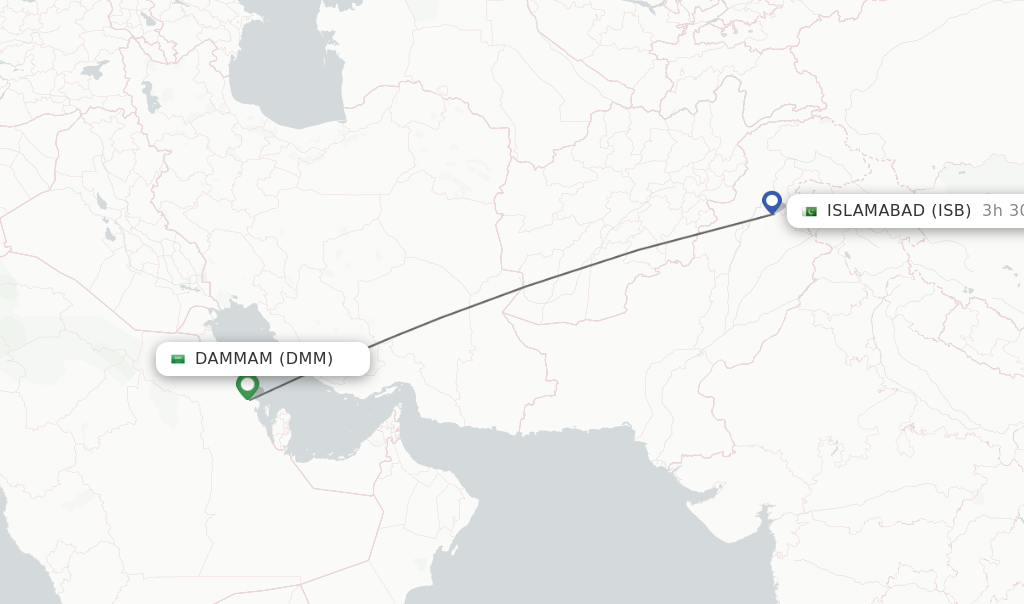 Flights from Dammam to Islamabad route map