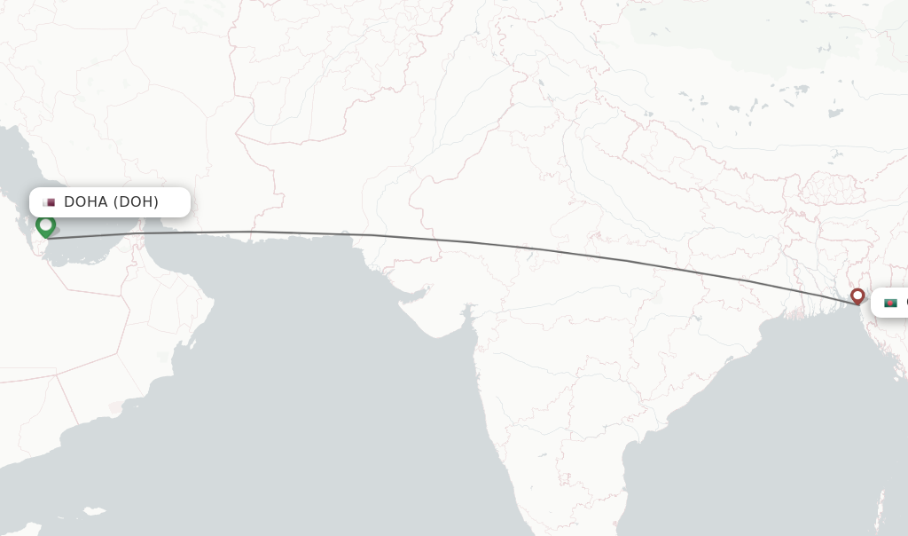 Flights from Doha to Chittagong route map