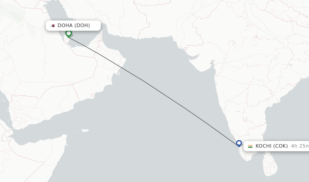 Flights from Doha to Kochi route map