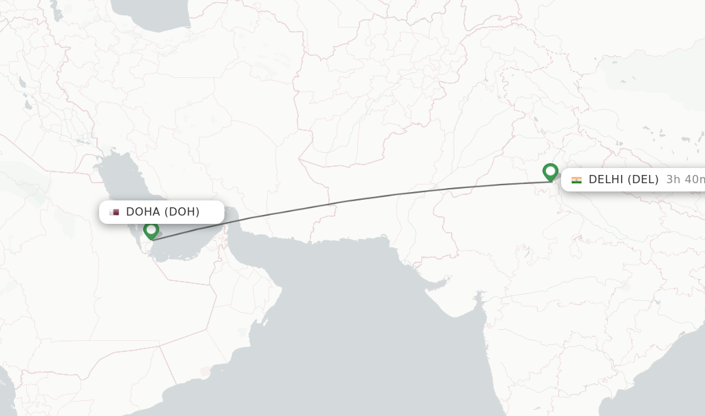 Flights from Doha to Delhi route map