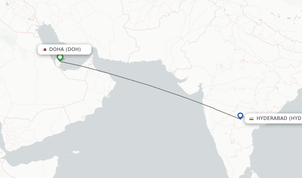 Flights from Doha to Hyderabad route map