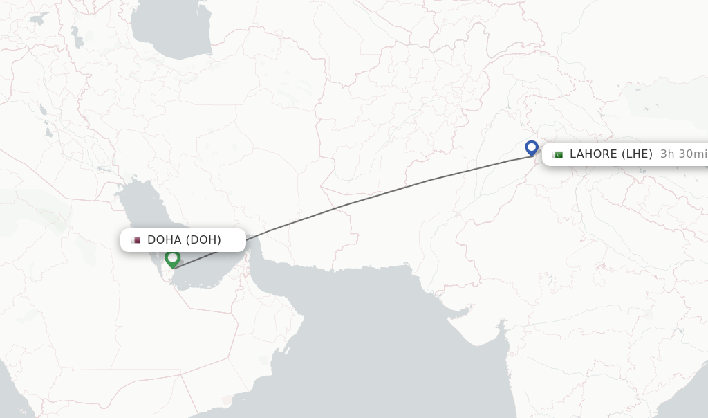 Flights from Doha to Lahore route map