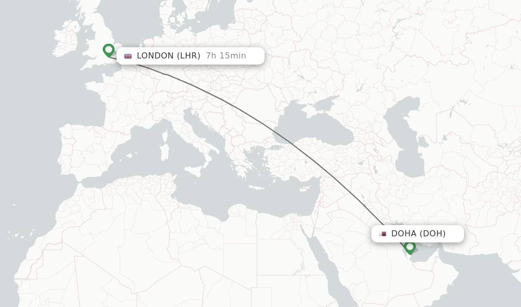 Flights from Doha to London route map