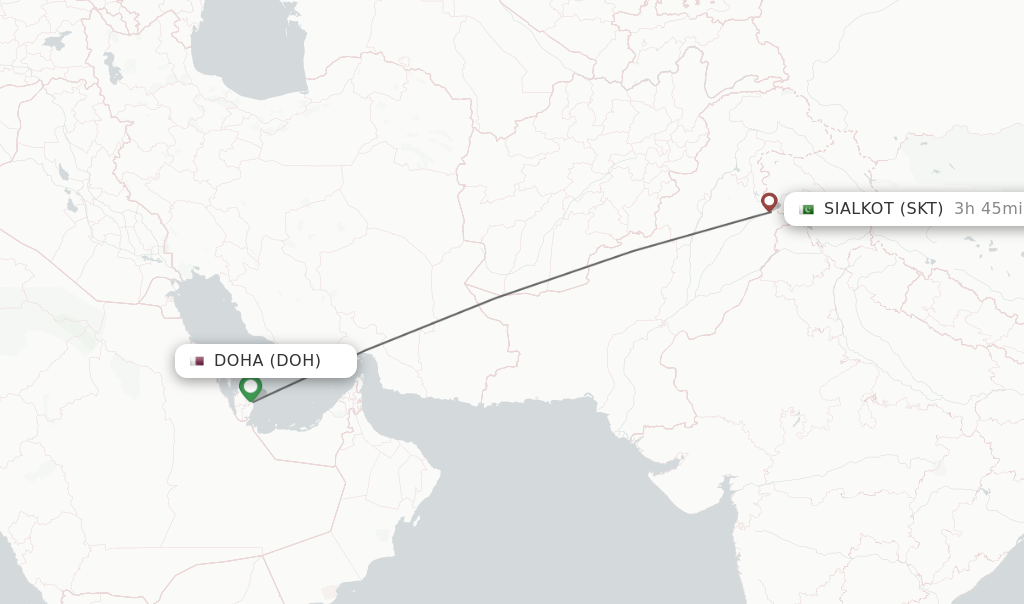 Flights from Doha to Sialkot route map