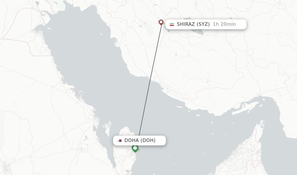Flights from Doha to Shiraz route map